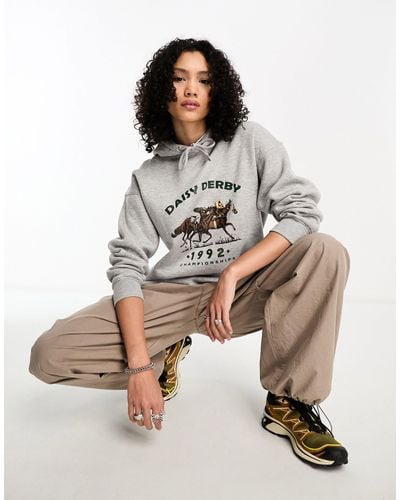 Daisy Street Oversized Hoodie With Daisy Derby Horse Graphic - Grey