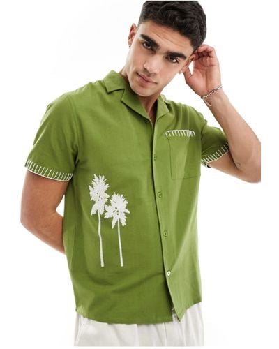 Another Influence Linen Mix Embroidery Revere Collar Shirt - Green