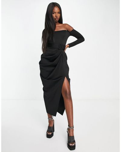 ASOS Bardot Belted Drape Midi Pencil Dress - Black