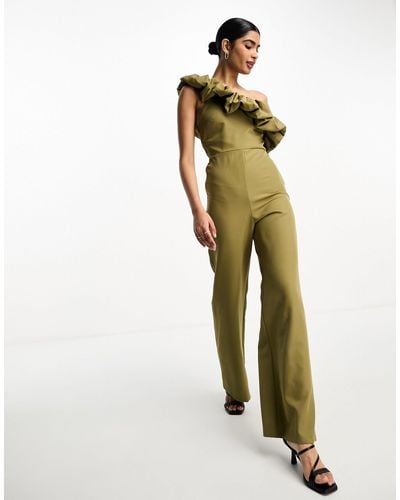 True Violet Bardot Jumpsuit With Ruffle Detail - Green