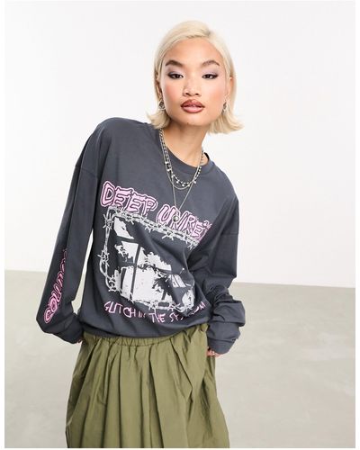 Collusion Washed Graphic Long Sleeve Oversized T-shirt - White
