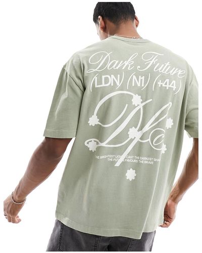 ASOS Asos dark future - t-shirt oversize pesante color kaki slavato con stampa sul retro - Grigio