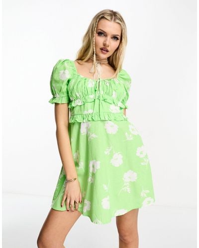 Miss Selfridge Linen-look Milkmaid Mini Tea Dress - Green