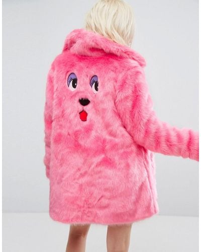 Lazy Oaf Oversized Faux Fur Coat Coat With Bear Embroidery - Pink