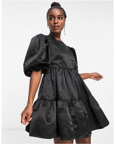 In The Style Exclusive Satin Puff Sleeve Tiered Mini Prom Dress - Black