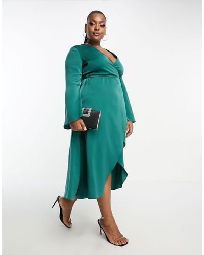 ASOS Asos Design Curve Bias Cut Satin Wrap Dress With Tie Waist - Green