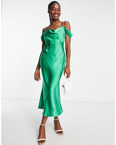 Style Cheat Cold Shoulder Satin Maxi Dress - Green
