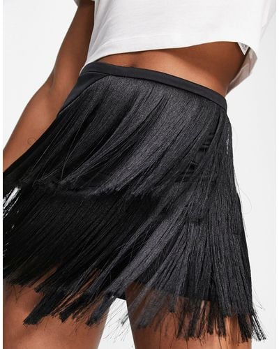 TOPSHOP Tiered Fringe Satin Miniskirt - Black