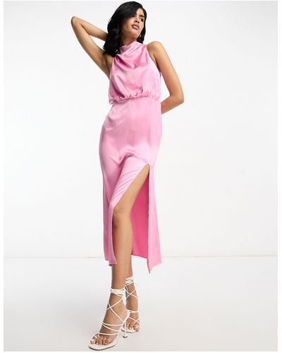 Pretty Lavish High Neck Satin Midi Dress - Pink
