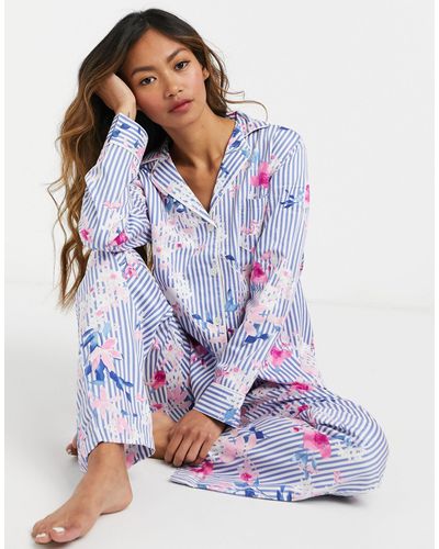 Lauren by Ralph Lauren – Pyjama mit eingekerbtem Kragen und Blumendruck, gestreift - Blau