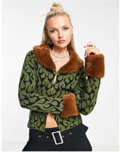 Collusion Knitted Fur Trim Split Front Cardigan - Green