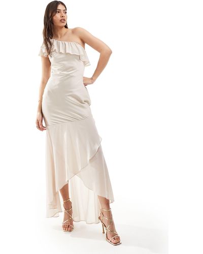 TFNC London Bridesmaid Satin One Shoulder Ruffle Maxi Dress - White