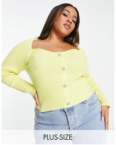 Urban Bliss Plus Sweetheart Neckline Knitted Top With Button Detail - Yellow