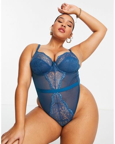 Ivory Rose Ivory Rose Curve Lace Underwired Mesh Thong Bodysuit - Blue