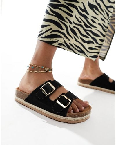 South Beach Double Buckle Espadrille Sandals - Black