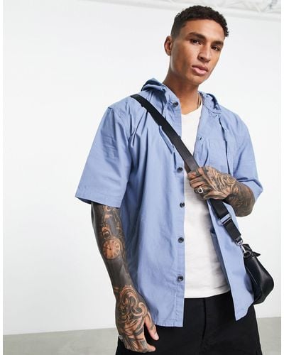 TOPMAN Oversized Short Sleeve Hooded Shirt - Blue