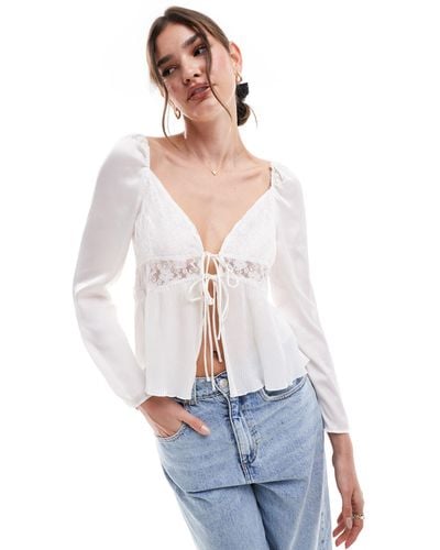 Vero Moda Long Sleeved Tie Front Top With Lace Inserts - White