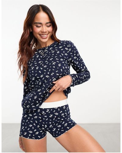 ASOS Mix & Match Ditsy Print Long Sleeve Henley Pajama Top With Picot Trim - Blue