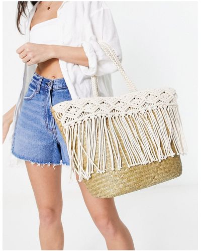 South Beach Crochet Fringe Shoulder Beach Bag - White
