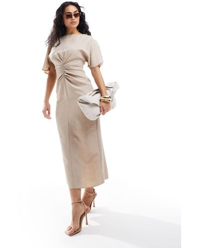 ASOS Linen-look Flutter Sleeve Midi Dress With Ruching Detail - White