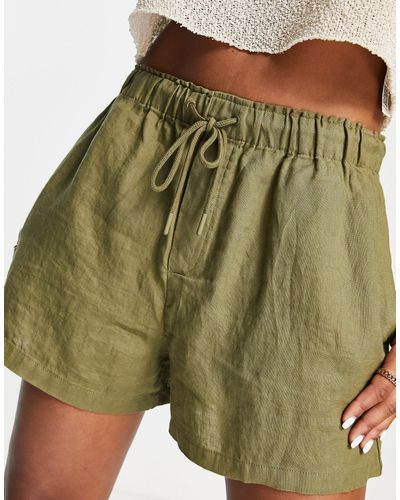 Mango Tie Up Detail Linen Shorts - Green