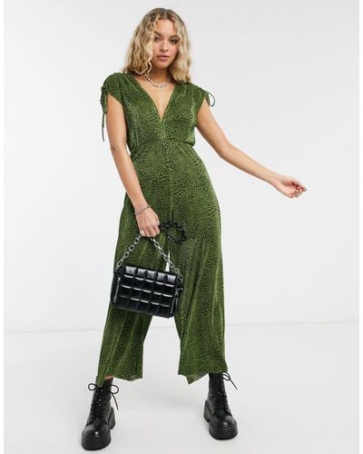 Bershka Plisse Abstract Print Jumpsuit - Green