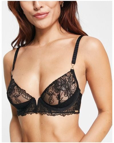 Bluebella Mirabel Delicate Floral Embroidered Mesh Plunge Bra With V Wire Detail - Black