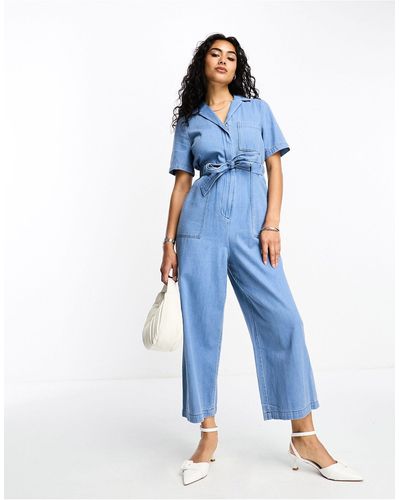 Whistles Short Sleeve Jumpsuit With Tie Waist - Blue