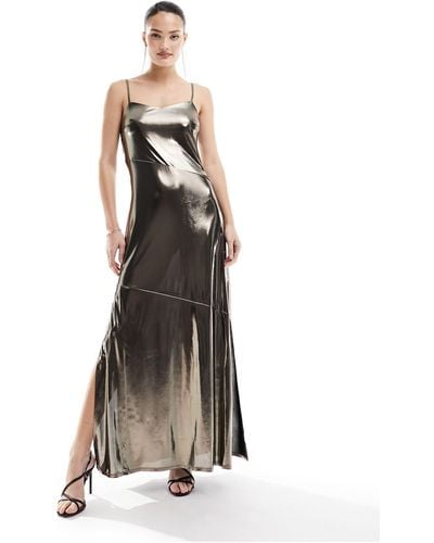 French Connection Metallic Maxi Slip Dress With Split - White