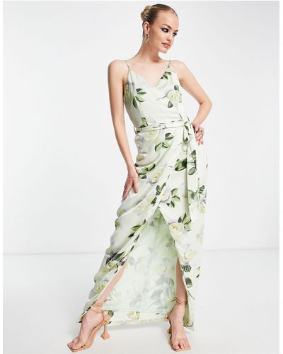 Liquorish Satin Wrap Maxi Dress With Belt Soft Green Floral - Pink