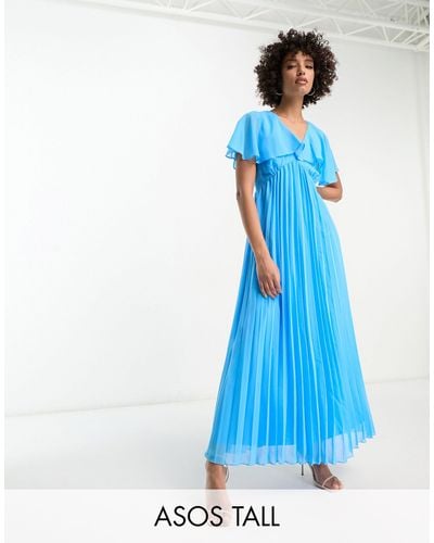 ASOS Asos Design Tall Angel Cape Sleeve Pleated Hem Maxi Dress - Blue