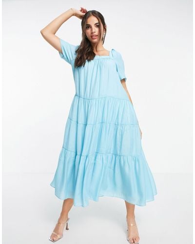 Forever New Tiered Volume Sleeve Smock Midi Dress - Blue