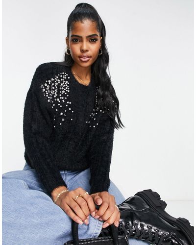 Miss Selfridge Diamante Shoulder Fluffy Cable Knit Sweater - Black