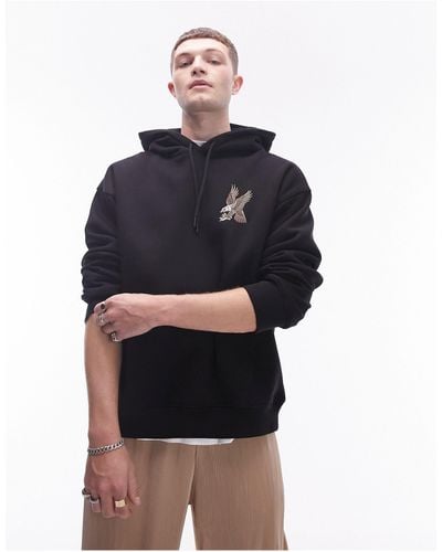 TOPMAN Oversized Fit Hoodie With Eagle Tattoo Embroidery - Blue