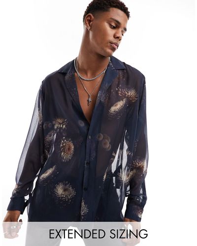 ASOS Camisa holgada con estampado floral fotográfico y solapas marcadas - Azul