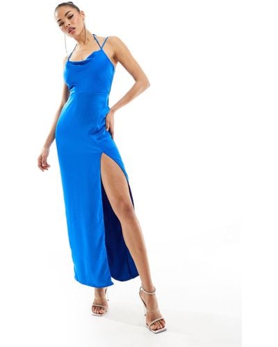 Flounce London Satin Strappy Maxi Dress With Split - Blue