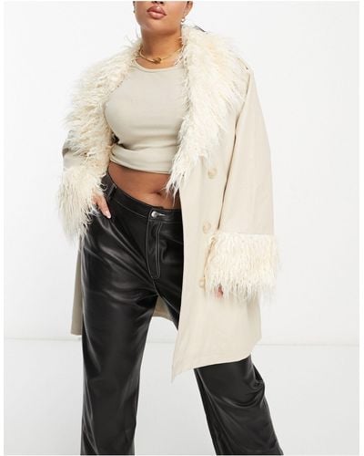 Urbancode Curve Urban Code Plus Pu Trench Coat With Faux shaggy Fur Collar - White