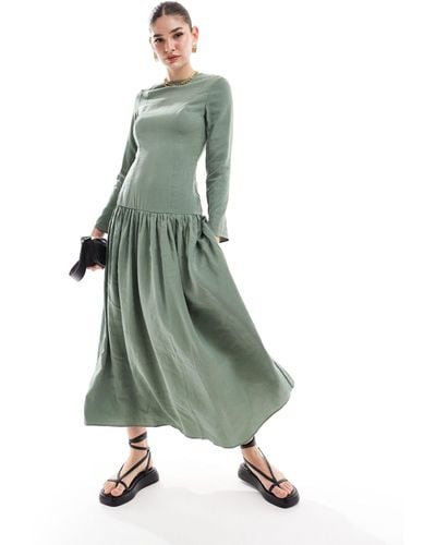 ASOS Dropped Waist Maxi Dress With Long Sleeves - Green