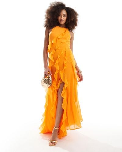 ASOS Vestido largo luminoso con bajo asimétrico, cuello - Naranja