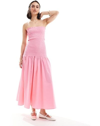 ASOS Dropped Waist Shirred Bandeau Midi Dress - Pink