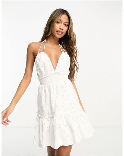 ASOS Broderie Strappy Mini Sundress With Shirred Waist - White