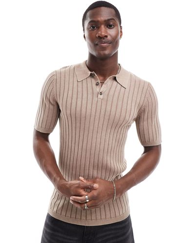ASOS Muscle Knitted Wide Rib Polo - Natural