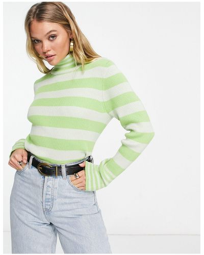 SELECTED Femme Stripe Ribbed High Neck Top With Long Sleeves - Green