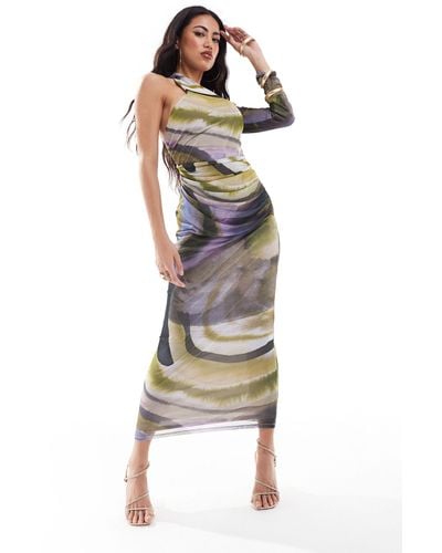 ASOS Mesh Wrap Around One Shoulder Midi Dress With Gauged Skirt - Multicolour