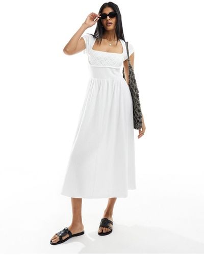 ASOS Square Neck Shirred Bodice Midi Dress With Broderie Bust - White