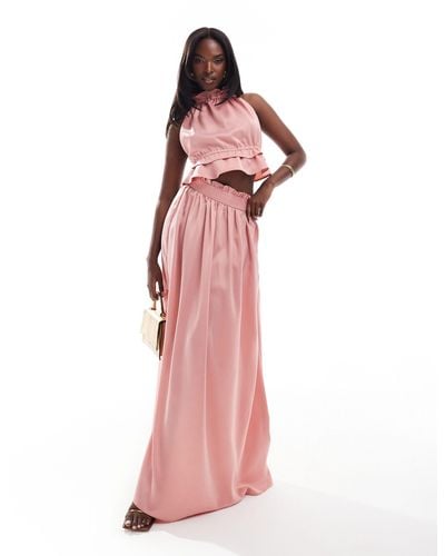 In The Style Exclusive Satin Floaty Maxi Skirt Co-ord - Pink