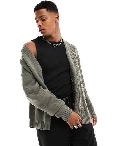 Collusion Mixed Cable Knitted Cardigan - Gray