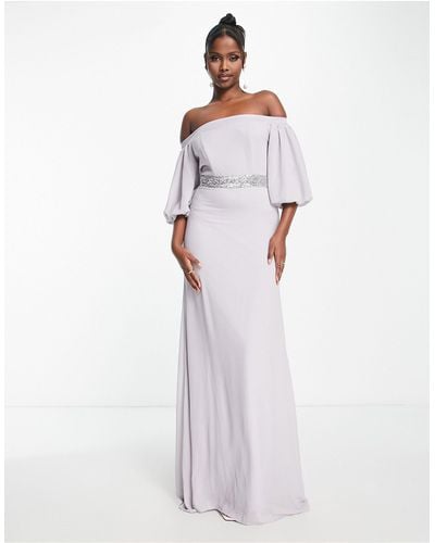 TFNC London Bridesmaid Bardot Chiffon Maxi Dress With Embellished Waist - White