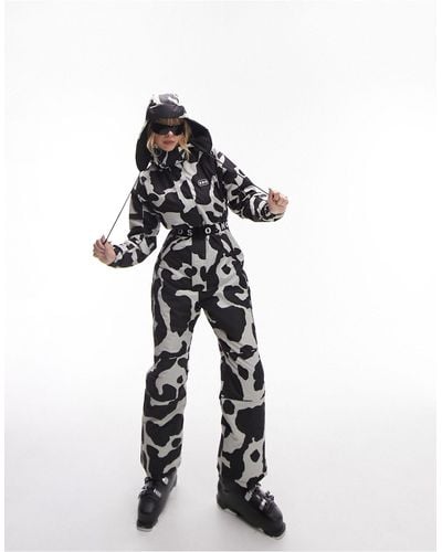 TOPSHOP Sno Cow Print Ski Suit With Hood - Black