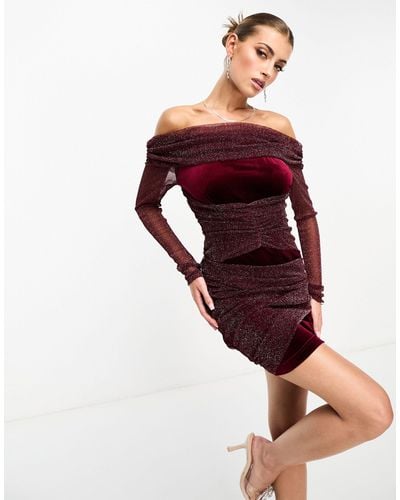 Naanaa Bardot Velvet Mini Dress With Shimmer - Red